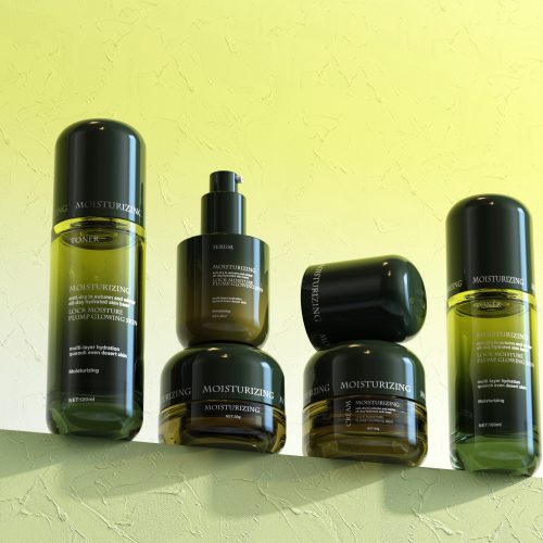 Alternative view of New green cosmetics glass set; cream can; lotion bottle; perfume bottle. SW160
